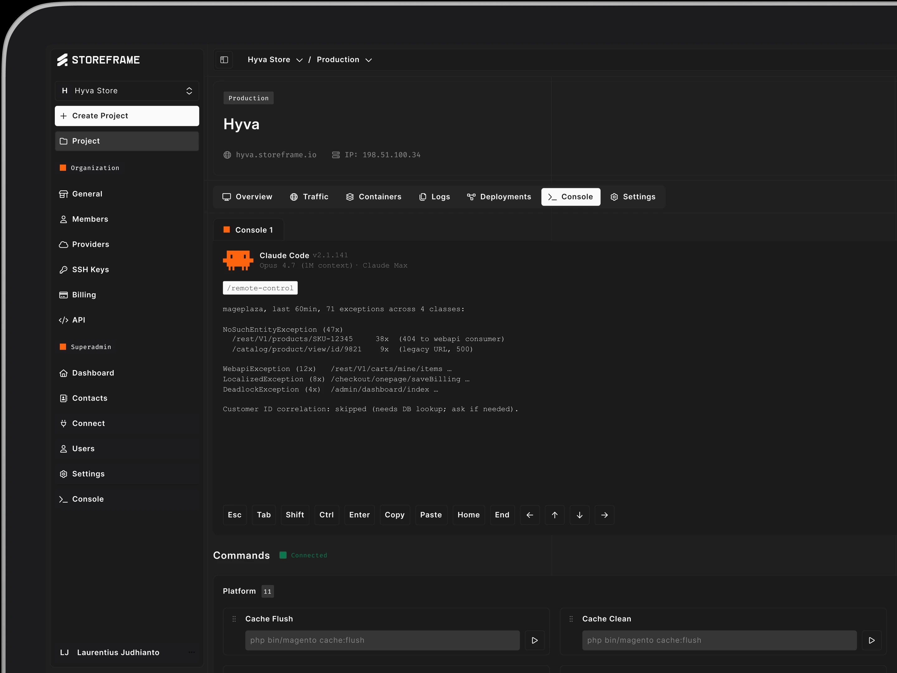 StoreFrame management hub Console view with a Claude Code session answering questions about a Magento store